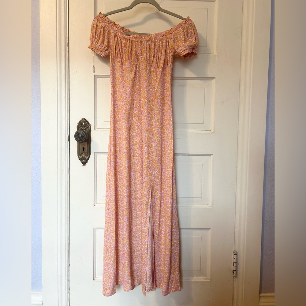 H&M Floral Orange Pink Puff Sleeve Midi Dress Slit XS Garden Peasant Coquette